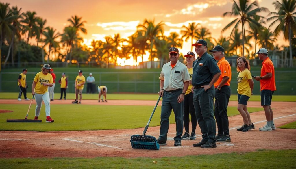 A vibrant autumn scene capturing the essence of fall baseball in Fort Myers. In the foreground, a diverse group of volunteers wearing bright, coordinated baseball apparel are enthusiastically preparing the field: raking the infield, adjusting bases, and organizing equipment. In the middle ground, umpires dressed in crisp, professional attire are discussing game strategies with smiles, standing confidently near home plate. The background features a beautiful sunset casting a warm golden hue over the lush green field and palm trees, symbolizing the paradise setting. The atmosphere is lively and communal, filled with a sense of dedication and teamwork. The image is shot from a slightly elevated angle, highlighting the action and interactions, with soft focus creating a delightful depth.