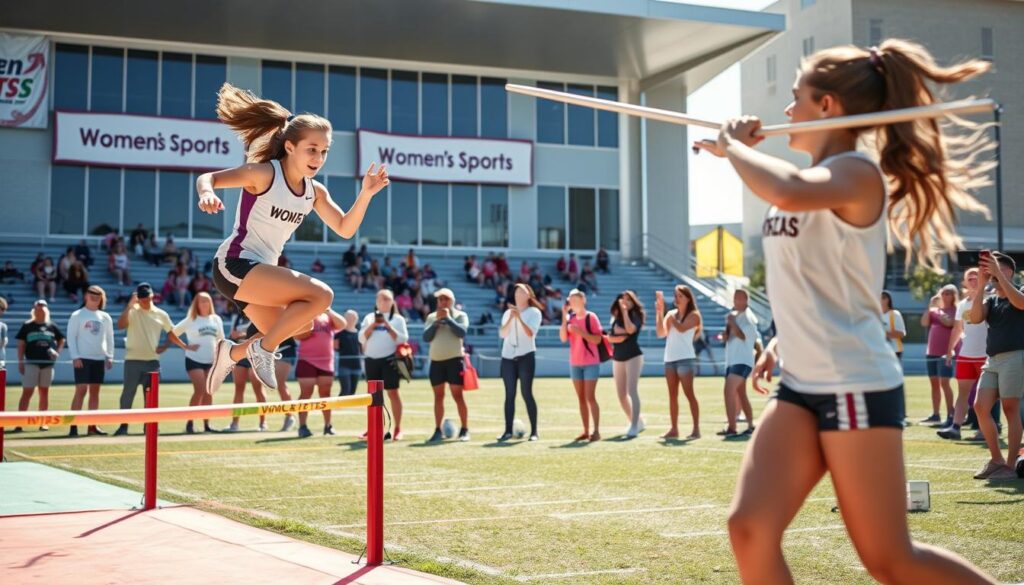 A vibrant scene capturing a high school girls' athletic event in Fort Myers, showcasing young female athletes in action, wearing modest athletic gear, such as jerseys and shorts. In the foreground, a girl leaps over a high jump bar with determination, while another throws a javelin confidently. The middle ground features enthusiastic spectators, including parents and friends capturing the moment with smartphones, emphasizing media coverage. The background shows a modern athletic field adorned with banners celebrating women's sports. Bright, natural sunlight filters through, creating an uplifting atmosphere. The scene is shot at a dynamic angle, highlighting both the athletes' prowess and the support from the community, embodying the rising visibility of women in sports. A vibrant scene capturing a high school girls' athletic event in Fort Myers, showcasing young female athletes in action, wearing modest athletic gear, such as jerseys and shorts. In the foreground, a girl leaps over a high jump bar with determination, while another throws a javelin confidently. The middle ground features enthusiastic spectators, including parents and friends capturing the moment with smartphones, emphasizing media coverage. The background shows a modern athletic field adorned with banners celebrating women's sports. Bright, natural sunlight filters through, creating an uplifting atmosphere. The scene is shot at a dynamic angle, highlighting both the athletes' prowess and the support from the community, embodying the rising visibility of women in sports.