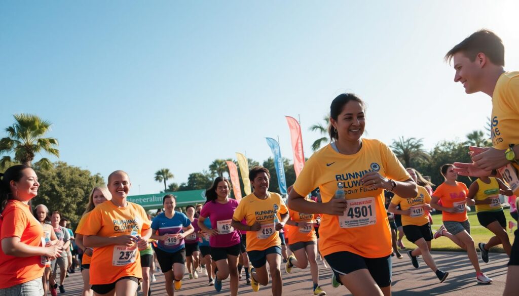 A vibrant scene capturing the Running Clubs Fort Myers volunteer team at a local event. In the foreground, a diverse group of enthusiastic volunteers, wearing bright, matching shirts, are actively engaging with runners, handing out water bottles and providing encouragement. The middle ground features runners in various athletic attire, sprinting past a cheering crowd, embodying the spirit of competition and community. The background reveals a lush park setting under clear blue skies, with banners and colorful flags fluttering in the breeze. Soft, warm sunlight bathes the scene, creating an energetic and welcoming atmosphere. The angle is slightly elevated, offering a dynamic view of the bustling activity, highlighting the camaraderie among volunteers and participants. A vibrant scene capturing the Running Clubs Fort Myers volunteer team at a local event. In the foreground, a diverse group of enthusiastic volunteers, wearing bright, matching shirts, are actively engaging with runners, handing out water bottles and providing encouragement. The middle ground features runners in various athletic attire, sprinting past a cheering crowd, embodying the spirit of competition and community. The background reveals a lush park setting under clear blue skies, with banners and colorful flags fluttering in the breeze. Soft, warm sunlight bathes the scene, creating an energetic and welcoming atmosphere. The angle is slightly elevated, offering a dynamic view of the bustling activity, highlighting the camaraderie among volunteers and participants.