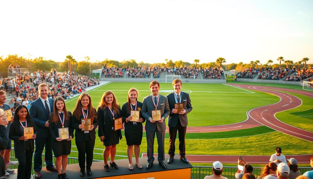 A vibrant scene capturing the essence of the 2025 Southwest Florida High School Sports Awards, focusing on soccer and cross country. In the foreground, a diverse group of high school athletes stands proudly on a podium, dressed in professional business attire, holding awards and medals. Their expressions reflect joy and accomplishment. The middle ground features a lush, green soccer field with a cross country track winding along its edge, flanked by cheering supporters in the background, dressed casually in team colors. The atmosphere is filled with excitement, enhanced by golden-hour lighting that casts warm tones across the scene. The composition is shot from a slightly elevated angle to capture the depth and energy of the event, with a soft bokeh effect on spectators, emphasizing the athletes' achievements. A vibrant scene capturing the essence of the 2025 Southwest Florida High School Sports Awards, focusing on soccer and cross country. In the foreground, a diverse group of high school athletes stands proudly on a podium, dressed in professional business attire, holding awards and medals. Their expressions reflect joy and accomplishment. The middle ground features a lush, green soccer field with a cross country track winding along its edge, flanked by cheering supporters in the background, dressed casually in team colors. The atmosphere is filled with excitement, enhanced by golden-hour lighting that casts warm tones across the scene. The composition is shot from a slightly elevated angle to capture the depth and energy of the event, with a soft bokeh effect on spectators, emphasizing the athletes' achievements.