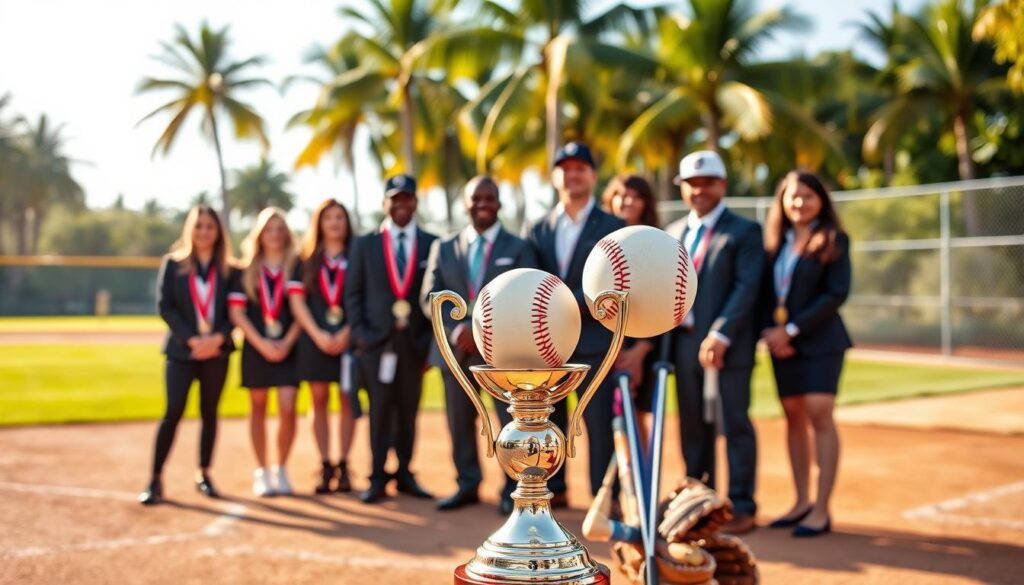 A vibrant scene celebrating baseball and softball achievements in Southwest Florida. In the foreground, a gleaming trophy with a baseball and softball atop it, surrounded by medals and sports equipment like gloves and bats, all arranged artistically. In the middle ground, athletes in professional business attire, showcasing pride and joy, stand with their awards, diverse in gender and ethnicity, smiling and posing together. The background features a blurred baseball diamond under bright, warm daylight, with lush palm trees swaying gently, evoking the essence of Florida. The atmosphere is celebratory and uplifting, capturing the camaraderie and excitement of young athletes. The image is shot from a slightly low angle, emphasizing the trophy, with soft, natural lighting that enhances the vibrant colors. A vibrant scene celebrating baseball and softball achievements in Southwest Florida. In the foreground, a gleaming trophy with a baseball and softball atop it, surrounded by medals and sports equipment like gloves and bats, all arranged artistically. In the middle ground, athletes in professional business attire, showcasing pride and joy, stand with their awards, diverse in gender and ethnicity, smiling and posing together. The background features a blurred baseball diamond under bright, warm daylight, with lush palm trees swaying gently, evoking the essence of Florida. The atmosphere is celebratory and uplifting, capturing the camaraderie and excitement of young athletes. The image is shot from a slightly low angle, emphasizing the trophy, with soft, natural lighting that enhances the vibrant colors.