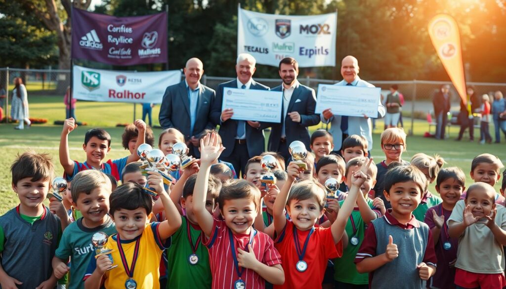 A vibrant scene depicting a community recognition event in youth sports sponsorship. In the foreground, a diverse group of children in colorful sports uniforms are celebrating, holding trophies and medals, their faces beaming with joy and pride. Middle ground features local business owners, dressed in professional attire, proudly presenting awards and sponsorship checks to the young athletes, embodying support and encouragement. The background includes a well-attended sports field or community park, with banners showcasing local business logos, symbolizing their commitment to youth sports. Bright, natural lighting evokes a warm, uplifting atmosphere, while a slight depth of field focuses on the athletes and sponsors, enhancing their connection. The overall mood is one of community spirit, celebration, and collaboration in supporting youth sports.