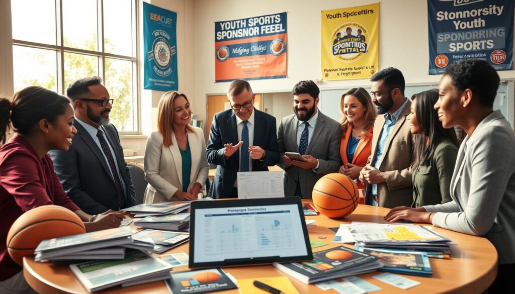 A vibrant scene depicting the youth sports sponsorship funding process, featuring a diverse group of adults in professional attire discussing proposals at a round table in a sunny community center. Foreground highlights the table cluttered with sponsorship brochures, a laptop open displaying a funding spreadsheet, and sports equipment like soccer balls and basketballs. In the middle, we see engaged adults in conversation, gesturing toward charts and visuals showcasing youth sports programs. The background features large windows letting in warm daylight, with banners promoting local sports teams and community events. The atmosphere is collaborative and positive, conveying the importance of community support in youth sports. Shot at eye-level, with soft-focus lighting highlighting the expressions of engagement and enthusiasm among participants.