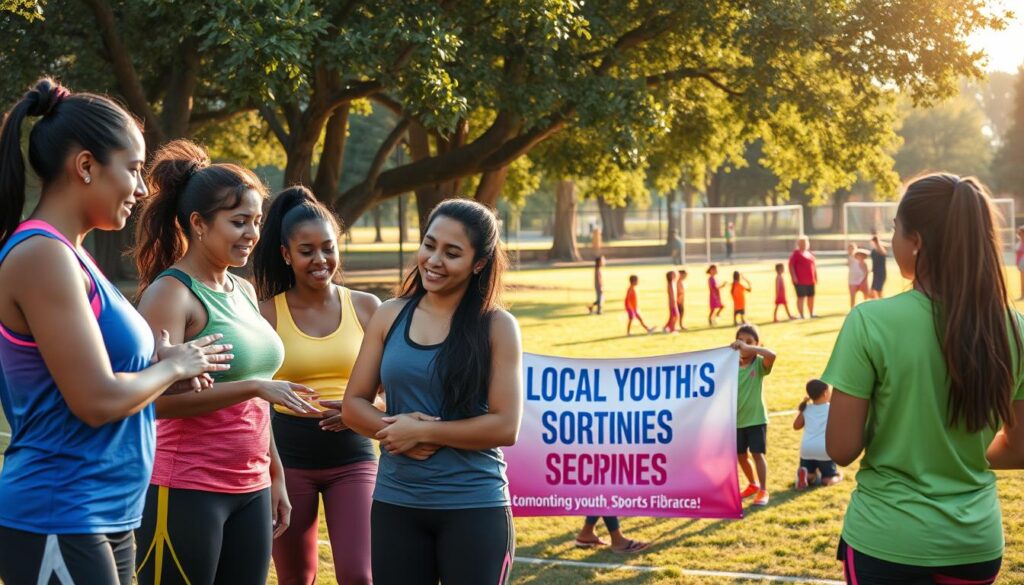 A vibrant scene showcasing a diverse group of women athletes engaging in community support activities. In the foreground, a group of women of various ethnicities, clad in colorful sportswear, are helping each other with training drills, coaching techniques, and encouragement, embodying teamwork and camaraderie. The middle ground features a makeshift outdoor gathering with families and friends, holding banners and supportive signs for local youth sports programs. Soft sunlight filters through nearby trees, casting a warm glow on the bustling scene. In the background, a park setting with children playing sports highlights the joyful atmosphere. The image captures the spirit of unity, empowerment, and the shared goal of promoting female participation in sports, evoking a sense of positivity and inspiration.
