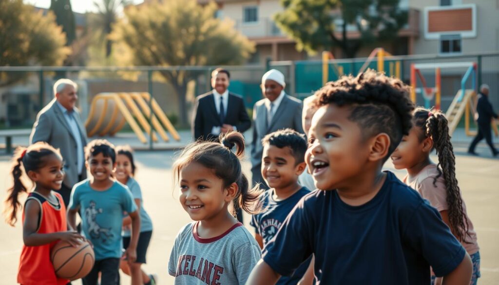 A vibrant scene showcasing diverse community partnerships, focusing on accessible youth sports. In the foreground, a group of children of various ethnicities plays basketball, laughing and enjoying the game. They wear colorful athletic gear and display a sense of camaraderie. In the middle ground, community leaders and coaches, dressed in professional business attire and modest casual clothing, engage in discussion, highlighting supportive partnerships. In the background, a community sports complex with accessible facilities, such as ramps and adapted playgrounds, reflects inclusivity. Soft, natural lighting bathes the scene, creating a warm, inviting atmosphere. The angle captures the excitement of the children and the collaborative spirit among the adults, emphasizing community engagement and accessibility in youth sports initiatives.