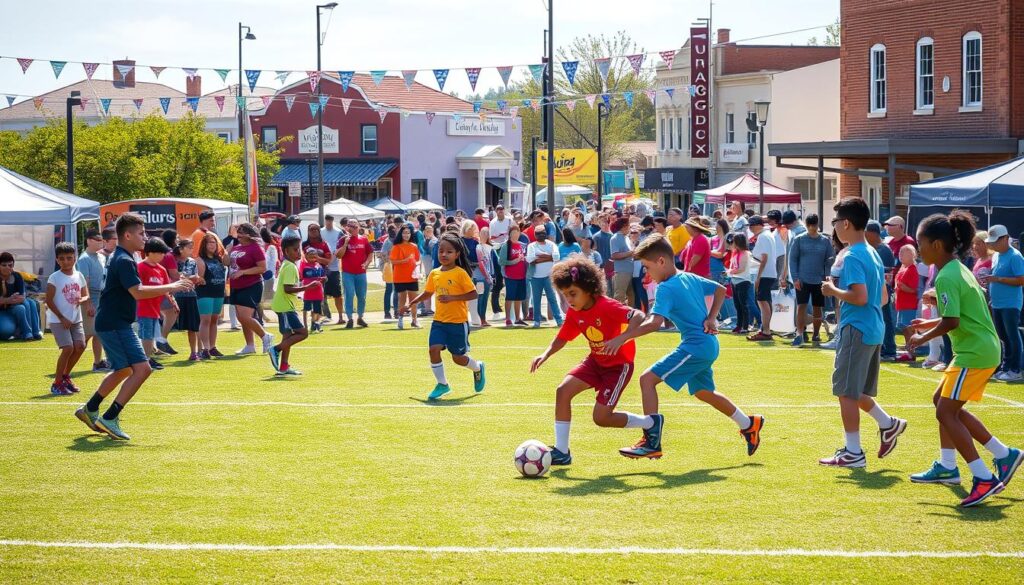 A vibrant youth sports tournament scene illustrating its economic and social impact. In the foreground, a diverse group of enthusiastic young athletes, wearing colorful sports uniforms, are engaged in a friendly soccer match on a well-maintained field. In the middle ground, families and spectators, dressed in casual attire, cheer and support while enjoying food from local vendors, showcasing community interaction. The background features a bustling town square with banners promoting local businesses and sponsors. The lighting is bright and sunny, capturing a lively atmosphere. Use a wide-angle lens to emphasize the scale of the event, creating a sense of inclusion and connection among the community members. The mood is optimistic and energetic, symbolizing the positive effects of youth sports on local economies and social bonds.
