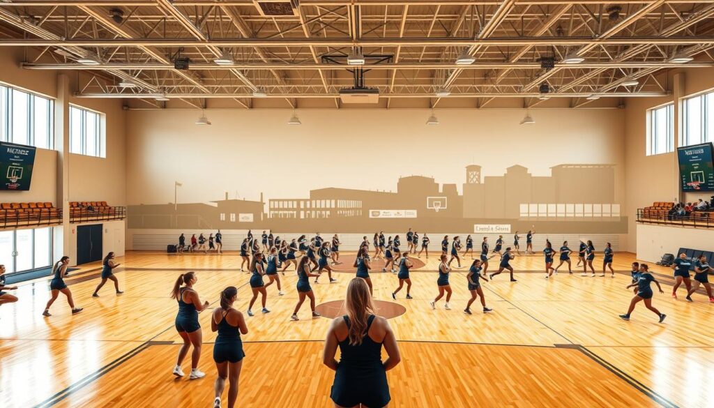 An artistic representation showcasing the evolution of FGCU women's sports facilities over the decades. In the foreground, feature a modern gymnasium filled with athletes in professional athletic attire engaged in training, showcasing enthusiasm and teamwork. In the middle ground, depict a contrast of all-female teams practicing in various facilities, highlighting older and more recent designs, from humble beginnings to state-of-the-art venues. The background should illustrate a timeline silhouette of evolving facility architecture, symbolizing growth and development. Utilize warm, natural lighting to create an inviting atmosphere, capturing a sense of community and progress. A slightly elevated angle will offer a comprehensive view, reflecting both the past and the promising future of women's sports in Southwest Florida. An artistic representation showcasing the evolution of FGCU women's sports facilities over the decades. In the foreground, feature a modern gymnasium filled with athletes in professional athletic attire engaged in training, showcasing enthusiasm and teamwork. In the middle ground, depict a contrast of all-female teams practicing in various facilities, highlighting older and more recent designs, from humble beginnings to state-of-the-art venues. The background should illustrate a timeline silhouette of evolving facility architecture, symbolizing growth and development. Utilize warm, natural lighting to create an inviting atmosphere, capturing a sense of community and progress. A slightly elevated angle will offer a comprehensive view, reflecting both the past and the promising future of women's sports in Southwest Florida.