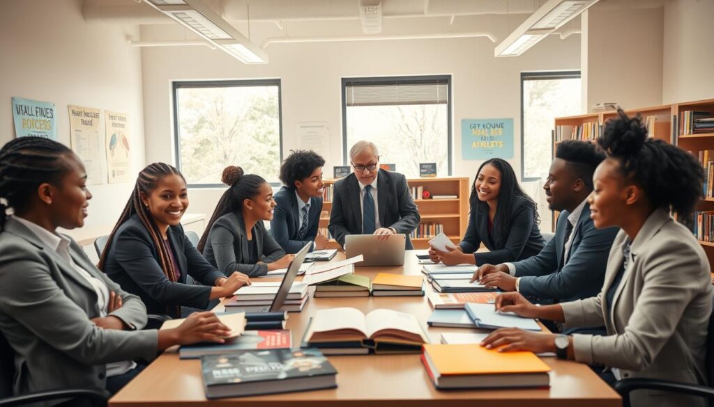 An engaging scene illustrating academic success support systems for student-athletes. In the foreground, a diverse group of young athletes, dressed in professional business attire, are gathered around a large table filled with textbooks, laptops, and study materials. They are collaborating, smiling, and discussing strategies for balancing academics and athletics. In the middle ground, a supportive coach and an academic advisor are interacting with the students, providing guidance and encouragement. The background features a bright, open study space with motivational posters on the walls, large windows displaying a sunny day, and shelves filled with resources. Use soft, natural lighting to create an inspiring and positive atmosphere, with a shallow depth of field to emphasize the subjects while softly blurring the background. An engaging scene illustrating academic success support systems for student-athletes. In the foreground, a diverse group of young athletes, dressed in professional business attire, are gathered around a large table filled with textbooks, laptops, and study materials. They are collaborating, smiling, and discussing strategies for balancing academics and athletics. In the middle ground, a supportive coach and an academic advisor are interacting with the students, providing guidance and encouragement. The background features a bright, open study space with motivational posters on the walls, large windows displaying a sunny day, and shelves filled with resources. Use soft, natural lighting to create an inspiring and positive atmosphere, with a shallow depth of field to emphasize the subjects while softly blurring the background.