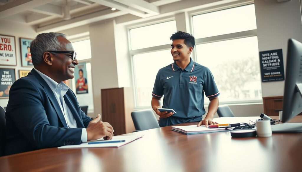 A college recruitment coach interviewing a young athlete in a bright, open office environment filled with motivational posters. In the foreground, the coach, a middle-aged African-American man in a navy blue blazer and glasses, sits at a sleek wooden desk, leaning slightly forward with an engaging smile. The middle layer features the athlete, a Hispanic male wearing a well-fitted university polo shirt and athletic pants, nodding in response while holding a notebook. In the background, large windows allow natural light to flood the room, casting a warm glow. The atmosphere feels motivational and collegiate, highlighting professionalism and mentorship with a dynamic energy, captured from a slight low angle to emphasize the interaction between the coach and the athlete.