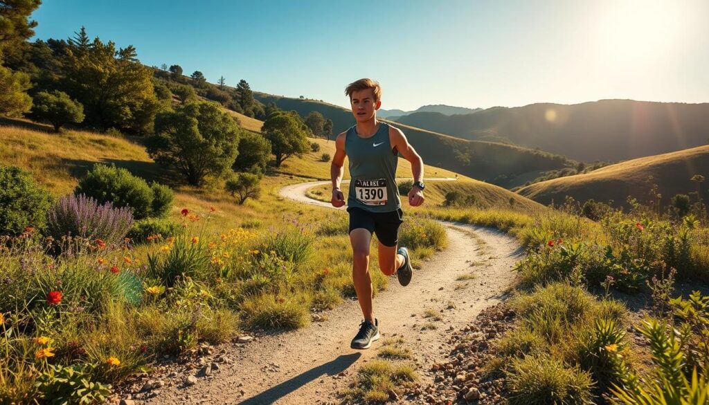 A determined individual athlete runs through a sunlit cross-country trail, showcasing a blend of strength and focus. In the foreground, a young runner in modest athletic wear is captured mid-stride, with a look of determination on their face. The middle ground features a winding dirt path surrounded by lush greenery and vibrant wildflowers, symbolizing the natural beauty of the Southwest Florida landscape. The background reveals rolling hills under a clear blue sky, with rays of sunlight filtering through the trees, creating a warm, uplifting atmosphere. The image is shot from a low angle to emphasize the athlete's movement and dedication, conveying a sense of triumph and individual achievement in the sport of cross-country running. A determined individual athlete runs through a sunlit cross-country trail, showcasing a blend of strength and focus. In the foreground, a young runner in modest athletic wear is captured mid-stride, with a look of determination on their face. The middle ground features a winding dirt path surrounded by lush greenery and vibrant wildflowers, symbolizing the natural beauty of the Southwest Florida landscape. The background reveals rolling hills under a clear blue sky, with rays of sunlight filtering through the trees, creating a warm, uplifting atmosphere. The image is shot from a low angle to emphasize the athlete's movement and dedication, conveying a sense of triumph and individual achievement in the sport of cross-country running.