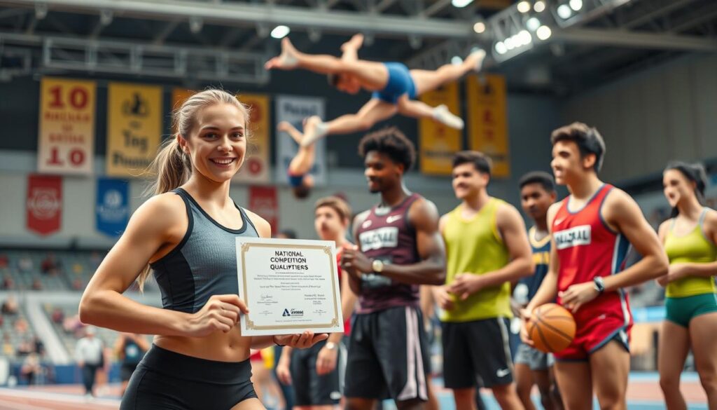 A dynamic scene capturing a group of diverse athletes gathered at a prestigious sports venue, representing different sports disciplines such as track and field, swimming, and gymnastics. In the foreground, a smiling female runner in professional athletic attire is receiving her nomination certificate from an official, while behind her, a male gymnast performs a perfect dismount, showcasing determination and skill. In the middle ground, other athletes chat excitedly, with a basketball player dribbling a ball. The background features colorful banners highlighting the "National Competition Qualifiers" title, with bright lights illuminating the scene. The atmosphere is vibrant and electric, capturing the excitement and honor of being nominated. The image is shot from a low angle to emphasize the athletes' achievements, with a shallow depth of field to focus on their expressions while softly blurring the background. A dynamic scene capturing a group of diverse athletes gathered at a prestigious sports venue, representing different sports disciplines such as track and field, swimming, and gymnastics. In the foreground, a smiling female runner in professional athletic attire is receiving her nomination certificate from an official, while behind her, a male gymnast performs a perfect dismount, showcasing determination and skill. In the middle ground, other athletes chat excitedly, with a basketball player dribbling a ball. The background features colorful banners highlighting the "National Competition Qualifiers" title, with bright lights illuminating the scene. The atmosphere is vibrant and electric, capturing the excitement and honor of being nominated. The image is shot from a low angle to emphasize the athletes' achievements, with a shallow depth of field to focus on their expressions while softly blurring the background.
