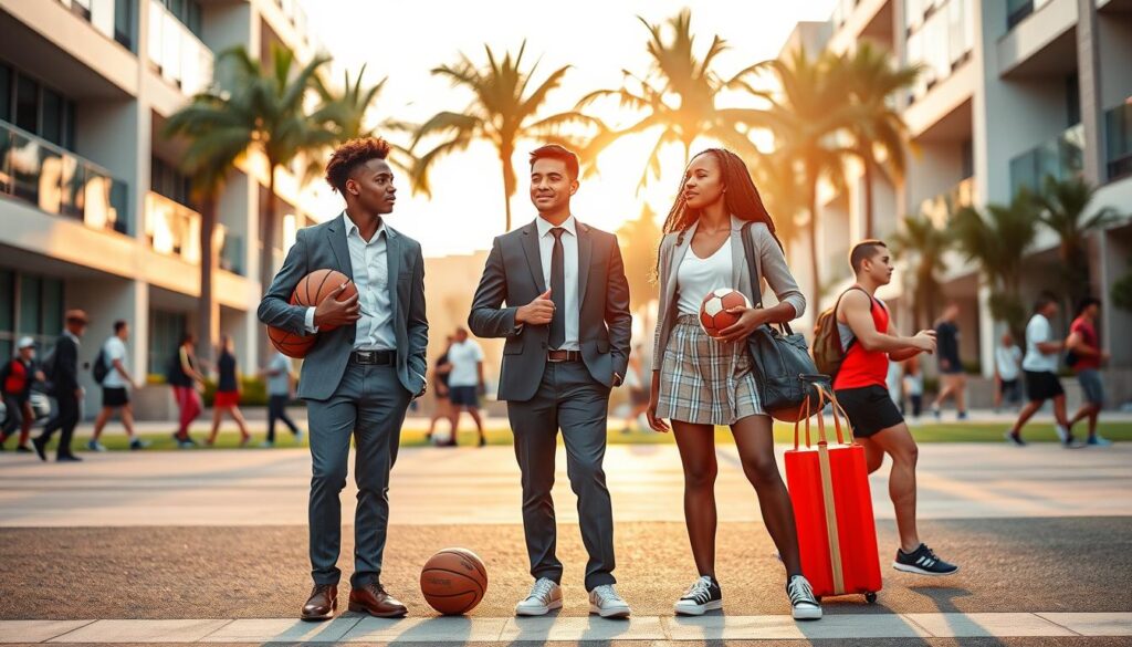 A dynamic scene capturing a group of graduate student athletes from Southwest Florida, showcasing them in an academic setting combined with elements of athleticism. In the foreground, depict three diverse young athletes in professional business attire, confidently discussing their academic projects while holding sports equipment—like a basketball, soccer ball, and track shoes. The middle ground features an open campus area with modern buildings, students in the backdrop engaged in various sports activities, conveying a lively, collegiate atmosphere. The background includes palm trees and soft golden sunlight filtering through, enhancing the vibrancy of the scene. The overall mood is inspiring and optimistic, highlighting the fusion of academic and athletic excellence in youth sports. Use a shallow depth of field for a professional focus effect, emphasizing the athletes.