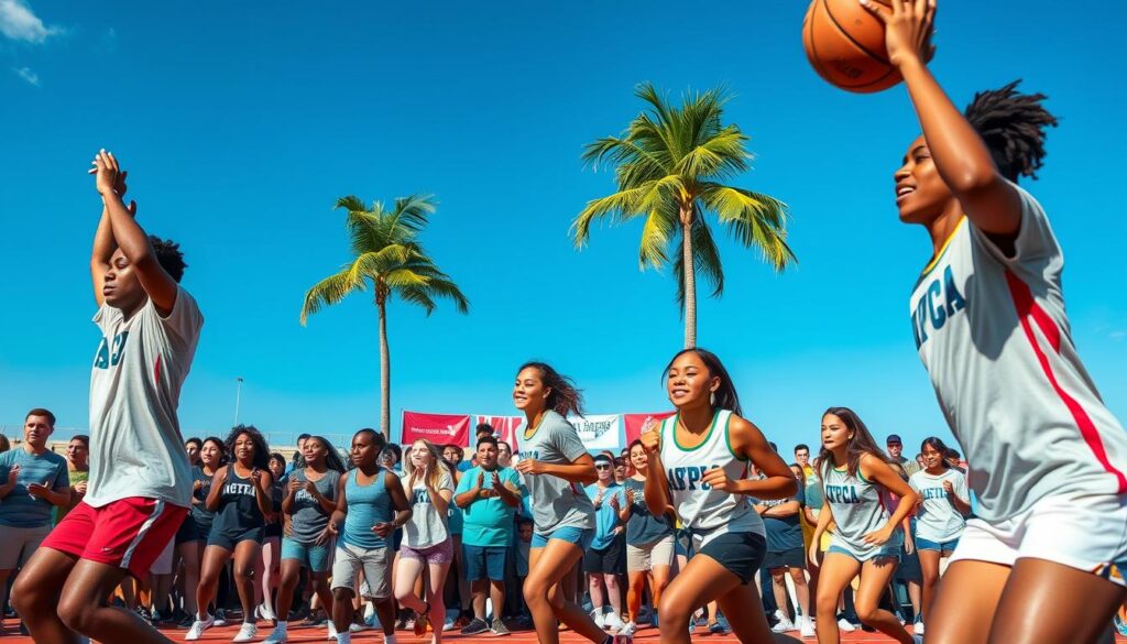 A dynamic scene capturing college-bound athletes from Southwest Florida showcasing their talents. In the foreground, a diverse group of male and female athletes in modest athletic uniforms engage in various sports activities, such as basketball, soccer, and track. Their expressions exude determination and excitement. In the middle ground, a cheering crowd of supportive friends and family members offers encouragement, while banners representing local colleges can be seen. The background features a sunny blue sky with palm trees typical of Southwest Florida, enhancing the vibrant atmosphere. The scene is well-lit with natural sunlight, and the angle captures the energy and movement of the athletes, creating a motivational and celebratory mood.
