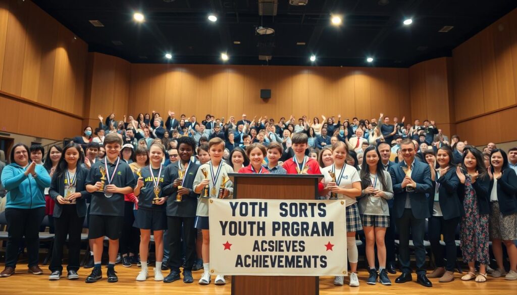 A dynamic scene capturing the moment of local youth athletes receiving awards at a sports recognition ceremony. In the foreground, a diverse group of young athletes, dressed in professional attire, proudly hold trophies and medals, smiling and posing together. The middle ground features a podium adorned with a banner celebrating "Youth Sports Program Achievements," with clapping spectators in the background. The background shows a well-lit auditorium filled with excited friends and family, some waving. Bright, uplifting overhead lights create a warm atmosphere, and the focus is sharp on the awardees while the audience gently blurs to emphasize their joyous expressions. The setting conveys pride, achievement, and community spirit. A dynamic scene capturing the moment of local youth athletes receiving awards at a sports recognition ceremony. In the foreground, a diverse group of young athletes, dressed in professional attire, proudly hold trophies and medals, smiling and posing together. The middle ground features a podium adorned with a banner celebrating "Youth Sports Program Achievements," with clapping spectators in the background. The background shows a well-lit auditorium filled with excited friends and family, some waving. Bright, uplifting overhead lights create a warm atmosphere, and the focus is sharp on the awardees while the audience gently blurs to emphasize their joyous expressions. The setting conveys pride, achievement, and community spirit.
