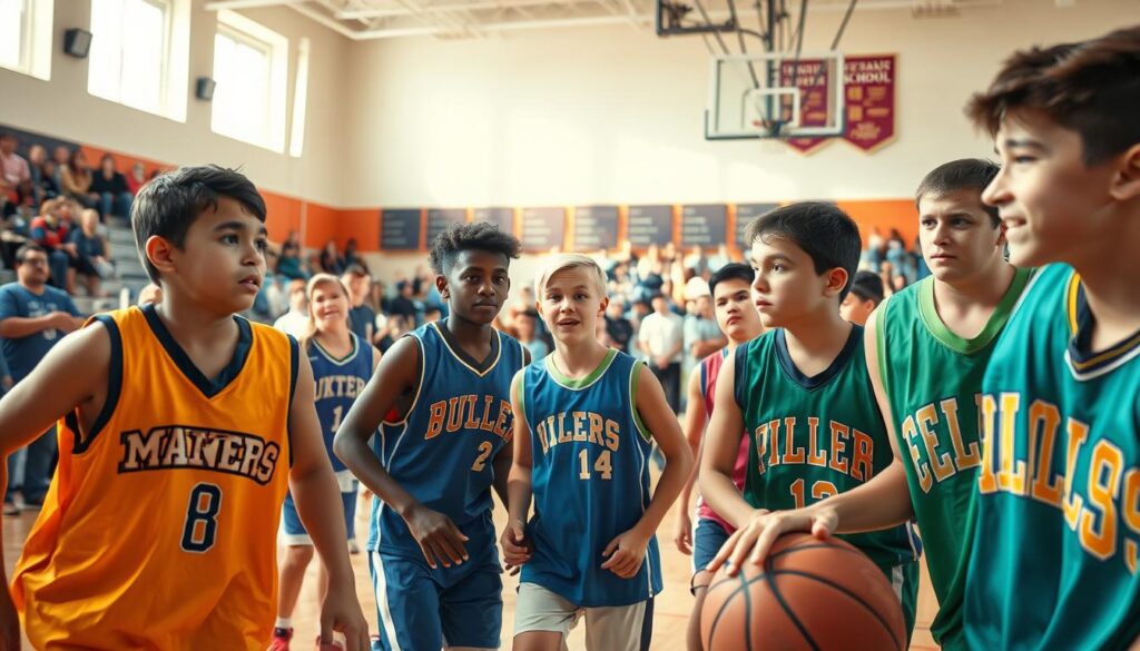 A dynamic scene capturing youth league athletes in action during a local school sports event. In the foreground, a diverse group of young athletes, ages 12-16, in vibrant sports jerseys depicting their respective teams, showcase intense focus and determination as they engage in a basketball game. The middle ground features enthusiastic coaches and teammates cheering from the sidelines, with supportive banners in school colors. In the background, a sunlit school gymnasium filled with parents and friends creates an energetic atmosphere. Use soft, natural lighting to highlight the athletes' expressions, while a slightly low-angle perspective emphasizes their motion and skill. The mood is celebratory and inspiring, showcasing the achievements of young talent in high school sports. A dynamic scene capturing youth league athletes in action during a local school sports event. In the foreground, a diverse group of young athletes, ages 12-16, in vibrant sports jerseys depicting their respective teams, showcase intense focus and determination as they engage in a basketball game. The middle ground features enthusiastic coaches and teammates cheering from the sidelines, with supportive banners in school colors. In the background, a sunlit school gymnasium filled with parents and friends creates an energetic atmosphere. Use soft, natural lighting to highlight the athletes' expressions, while a slightly low-angle perspective emphasizes their motion and skill. The mood is celebratory and inspiring, showcasing the achievements of young talent in high school sports.
