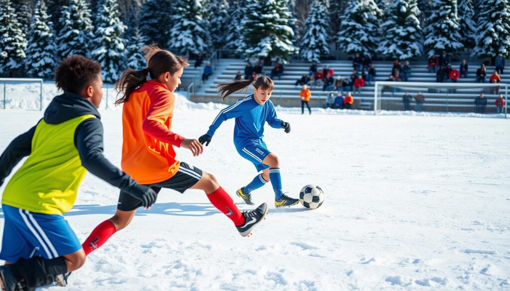 A dynamic soccer scene showcasing the DME Academy winter sports highlights, featuring young athletes in vibrant team uniforms engaged in an intense match on a snowy field. In the foreground, a diverse group of players—two African American boys and one Latina girl—display determination and sportsmanship as they strategize and compete, their breath visible in the cold air. The middle ground captures the action, with one player skillfully dribbling the ball while others are poised ready to defend or support. In the background, a winter landscape of snow-dusted pine trees and bleachers filled with cheering spectators creates an exhilarating atmosphere. Bright, natural lighting contrasts against the crisp white of the snow, giving the scene an invigorating, energetic feel that celebrates athleticism and teamwork. A dynamic soccer scene showcasing the DME Academy winter sports highlights, featuring young athletes in vibrant team uniforms engaged in an intense match on a snowy field. In the foreground, a diverse group of players—two African American boys and one Latina girl—display determination and sportsmanship as they strategize and compete, their breath visible in the cold air. The middle ground captures the action, with one player skillfully dribbling the ball while others are poised ready to defend or support. In the background, a winter landscape of snow-dusted pine trees and bleachers filled with cheering spectators creates an exhilarating atmosphere. Bright, natural lighting contrasts against the crisp white of the snow, giving the scene an invigorating, energetic feel that celebrates athleticism and teamwork.