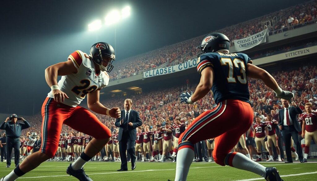 A dynamic sports scene capturing a high-stakes moment during a classic game, showcasing players in action on the field. In the foreground, two athletes in team uniforms, displaying determination and intensity, engage in a competitive play, their muscular forms highlighted by dramatic lighting. The middle ground features coaches animatedly strategizing, wearing professional attire, conveying the pressure of the moment. In the background, a packed stadium under bright lights buzzes with energy, fans cheering enthusiastically, banners waving. The angle is slightly low, emphasizing the height of the players and coaches, with a sense of movement and urgency in the atmosphere, evoking the rivalry and excitement of the game. A dynamic sports scene capturing a high-stakes moment during a classic game, showcasing players in action on the field. In the foreground, two athletes in team uniforms, displaying determination and intensity, engage in a competitive play, their muscular forms highlighted by dramatic lighting. The middle ground features coaches animatedly strategizing, wearing professional attire, conveying the pressure of the moment. In the background, a packed stadium under bright lights buzzes with energy, fans cheering enthusiastically, banners waving. The angle is slightly low, emphasizing the height of the players and coaches, with a sense of movement and urgency in the atmosphere, evoking the rivalry and excitement of the game.