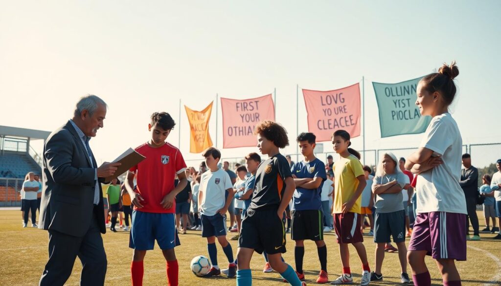 A dynamic sports scouting scene focusing on youth athletes being evaluated for professional opportunities. In the foreground, a coach in professional attire holds a clipboard, observing a group of diverse young athletes in action on a well-maintained soccer field, showcasing skills like dribbling and passing. The middle ground captures an engaged audience, including parents and scouts, watching attentively, while colorful banners featuring motivational phrases flutter in the background. The sky is bright and clear, adding to the optimistic atmosphere. The lighting is natural and warm, casting vibrant shadows. The image is framed from a slightly elevated angle to emphasize the interaction between the players and the observers, encapsulating the spirit of youth sports excellence and the importance of recognition in a thriving community.