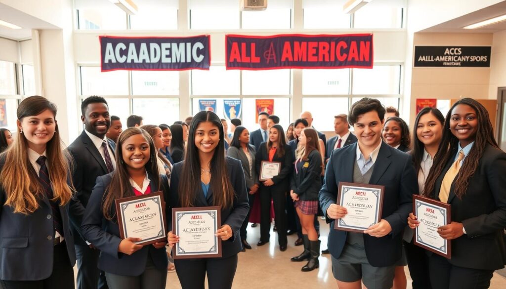 A group of diverse high school athletes celebrating achievement in a bright, modern academic setting, dressed in professional business attire. In the foreground, three students hold plaques symbolizing their Academic All-American nominations, displaying proud smiles. The middle ground features a diverse group of classmates in conversation, exchanging congratulations, surrounded by colorful banners showcasing "Academic All-Americans." In the background, large windows let in natural light, illuminating a vibrant school atmosphere with trophies and sports memorabilia on the walls. The scene conveys a sense of honor and enthusiasm, emphasizing academic excellence and athletic achievement, captured with soft lighting to enhance the uplifting mood and a warm color palette to evoke positivity. A group of diverse high school athletes celebrating achievement in a bright, modern academic setting, dressed in professional business attire. In the foreground, three students hold plaques symbolizing their Academic All-American nominations, displaying proud smiles. The middle ground features a diverse group of classmates in conversation, exchanging congratulations, surrounded by colorful banners showcasing "Academic All-Americans." In the background, large windows let in natural light, illuminating a vibrant school atmosphere with trophies and sports memorabilia on the walls. The scene conveys a sense of honor and enthusiasm, emphasizing academic excellence and athletic achievement, captured with soft lighting to enhance the uplifting mood and a warm color palette to evoke positivity.