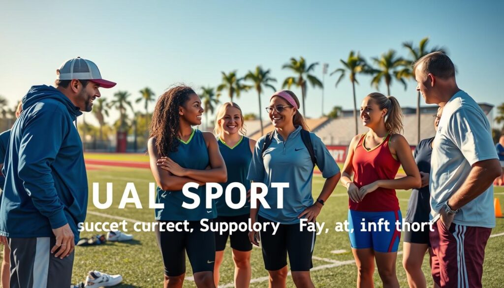 A heartwarming scene depicting a supportive dual sport success support system in Southwest Florida. Foreground: a diverse group of athletes, dressed in professional sports attire, engaged in a lively discussion with a coach and family members, showcasing encouragement and teamwork. Middle ground: a backdrop of a vibrant sports field, with training equipment scattered around and a clear blue sky. Background: palm trees swaying gently in the warm sunlight, highlighting the local environment. The lighting is bright and cheerful, capturing a sense of optimism and motivation. The mood is inspiring and uplifting, emphasizing the bond between the athletes and their supporters as they strive for excellence in multiple sports.
