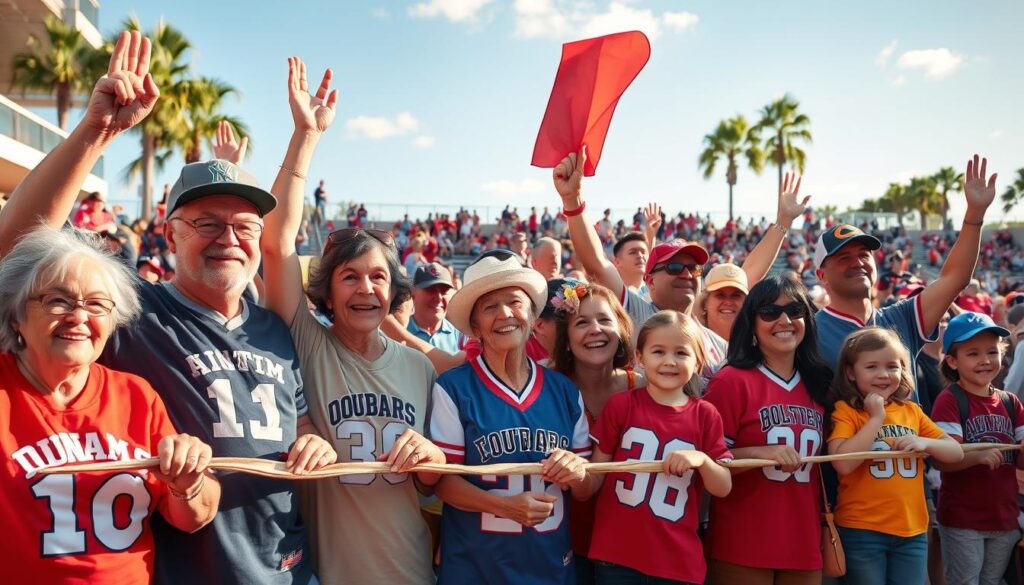 A heartwarming scene depicting generations of sports fans gathered together, celebrating their community spirit in Southwest Florida. In the foreground, a diverse group of fans, including grandparents, parents, and children, wear team jerseys and hold up colorful banners. Their expressions showcase excitement and camaraderie. In the middle ground, a lively outdoor sports venue with stands filled with people cheering passionately. The background features palm trees and a bright blue sky, hinting at the warm Florida sun. The lighting is warm and inviting, casting soft shadows that enhance the joyful atmosphere. Shot from a slightly elevated angle to capture the breadth of the crowd, this image conveys a sense of unity and the shared love for sports across generations.