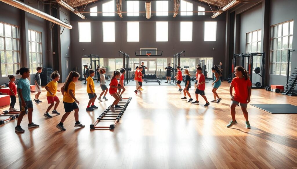 A spacious, modern athlete development training facility, filled with bright, natural light streaming through large windows. In the foreground, a diverse group of young athletes, dressed in modest, colorful sports attire, practice skills on a polished hardwood floor. In the middle, various training stations equipped with cutting-edge equipment, such as agility ladders, weights, and exercise mats, showcase the focus on athletic development. In the background, a transparent wall reveals a strength training area where professional coaches provide guidance. The atmosphere is energetic and motivational, with vibrant colors and dynamic poses, conveying the spirit of growth and teamwork. Shot with a wide-angle lens to capture the expansive space and intensity of the training environment.