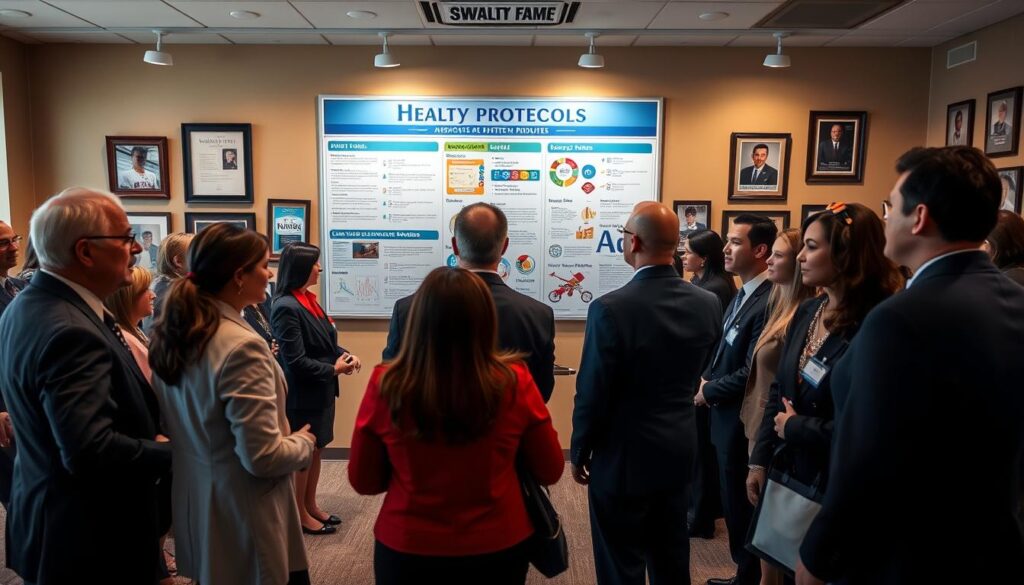 A striking scene depicting the "SWFL Sports Hall of Fame" safety protocols in an engaging and professional layout. In the foreground, a diverse group of individuals dressed in professional business attire is reviewing safety guidelines. The middle ground features a large display board filled with visually appealing infographics about health and safety measures. In the background, the sports hall showcases memorabilia and framed inductee photographs, creating a respectful ambiance. Soft, warm lighting bathes the scene, suggesting a welcoming atmosphere. The lens captures the action from a slight low angle to emphasize the importance of safety while maintaining a professional tone. The overall mood should convey a sense of responsibility and honor, aligning with the legacy of the inductees and the commitment to health and safety.