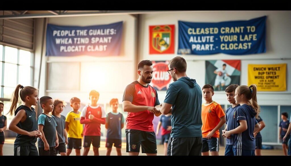 A vibrant and dynamic scene featuring a structured junior athlete development program within a multi-sport facility. In the foreground, a diverse group of young athletes, aged 10-16, are engaged in various training activities, sporting professional athletic gear. The middle ground highlights a coach demonstrating skills, surrounded by attentive youths, emphasizing teamwork and mentorship. The background shows a modern sports facility with large windows allowing natural light to flood in, creating an energetic atmosphere. Bright, motivational banners adorn the walls, showcasing the club's values. The composition captures a sense of aspiration and growth, with warm, encouraging lighting and an uplifting mood, shot from a slightly elevated angle to emphasize the action and interaction among the athletes and coaches.