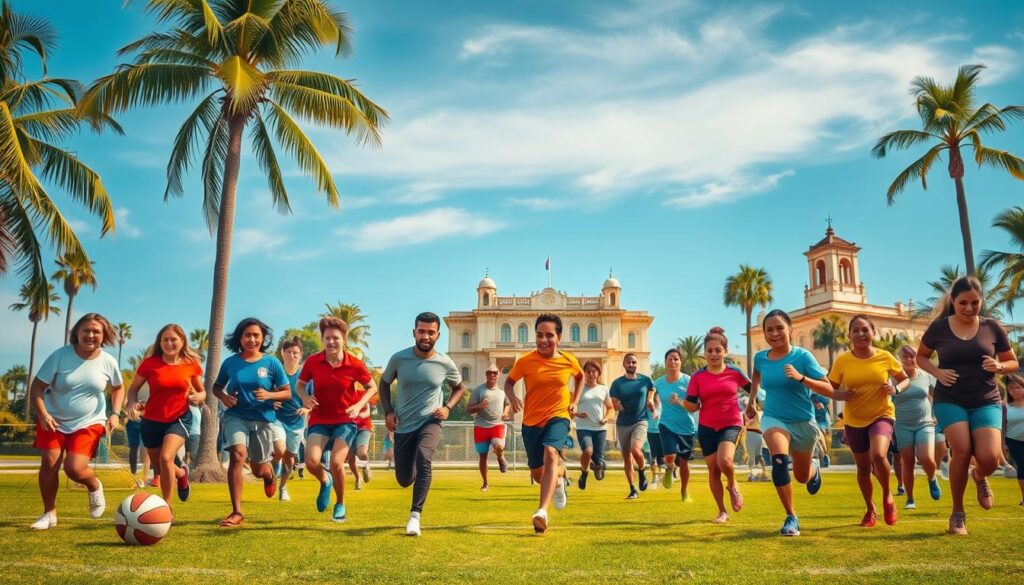 A vibrant community sports gathering in Naples, showcasing families and their athletic legacy. In the foreground, a diverse group of individuals, dressed in modest casual clothing, are engaged in various sports activities, such as playing soccer, basketball, and running, with joyful expressions that reflect unity and determination. The middle ground features a picturesque park with palm trees and colorful sports equipment, symbolizing local culture. In the background, a clear blue sky and a historic building representing Naples' rich heritage. The scene is illuminated by warm, golden sunlight, creating an inviting and uplifting atmosphere. The composition captures a moment of togetherness and pride, emphasizing the deep-rooted connections to family and community sports history in Naples.
