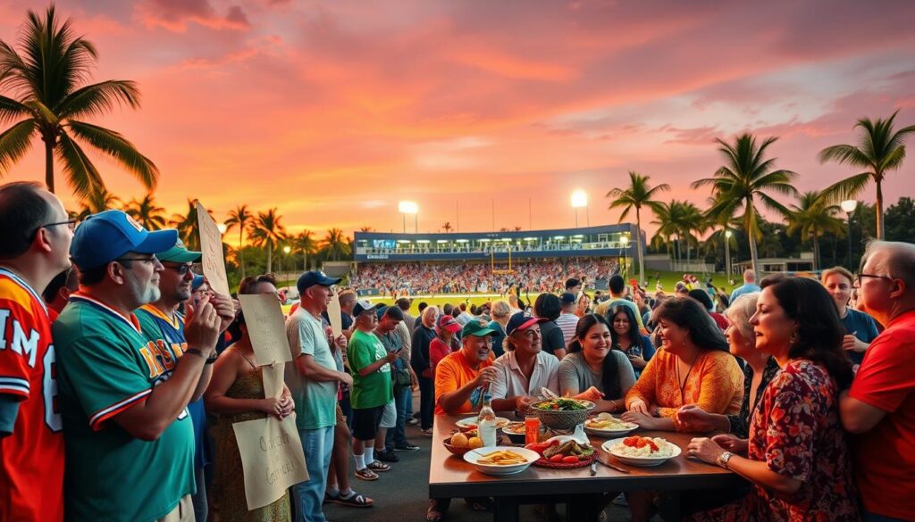 A vibrant scene capturing local sports traditions in Southwest Florida, focusing on pre-game and post-game rituals. In the foreground, a diverse group of fans dressed in colorful team jerseys and modest casual clothing, passionately engaging in a traditional chant while holding homemade banners. In the middle ground, a lively gathering of friends and families enjoying a communal meal, sharing stories and laughter under a warm sunset sky. The background features a local sports stadium illuminated with bright lights, surrounded by palm trees swaying gently in the evening breeze. The lighting should be warm and inviting, capturing the camaraderie and excitement of game day. The overall mood is festive and celebratory, embodying a sense of community and shared passion for local sports.