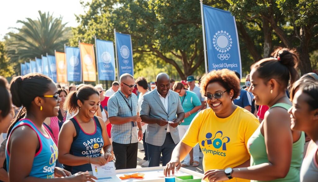 A vibrant scene depicting a community event celebrating the Special Olympics in Southwest Florida. In the foreground, diverse participants, including athletes with intellectual disabilities, work together in friendly, enthusiastic collaboration, wearing colorful athletic gear and smiles. In the middle ground, volunteers and community members, dressed in professional business attire and modest casual clothing, are actively engaged, helping set up booths and providing support. The background features a sunny park setting with banners showcasing the Special Olympics logo, fluttering in the gentle breeze, and trees providing dappled sunlight. The atmosphere is joyful and inspiring, with warm, inviting lighting that enhances a sense of unity and celebration. The angle focuses on the interactions between individuals, conveying a strong sense of community support and partnership.