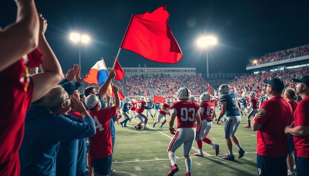 A vibrant scene depicting a local derby tradition in Southwest Florida, capturing the essence of community rivalry. In the foreground, a group of fans wearing team colors—red and blue—cheering passionately, some waving flags and holding banners. In the middle ground, the intense action of a football match unfolds on the field, with players in professional sports attire competing fiercely. The background showcases excited spectators in a packed stadium under bright stadium lights, creating an electrifying atmosphere. The lighting is dramatic, highlighting the players’ expressions and the fans’ enthusiasm. The angle is slightly elevated, providing a dynamic view of the game and the passionate crowd. The overall mood is celebratory, filled with excitement and a sense of tradition. A vibrant scene depicting a local derby tradition in Southwest Florida, capturing the essence of community rivalry. In the foreground, a group of fans wearing team colors—red and blue—cheering passionately, some waving flags and holding banners. In the middle ground, the intense action of a football match unfolds on the field, with players in professional sports attire competing fiercely. The background showcases excited spectators in a packed stadium under bright stadium lights, creating an electrifying atmosphere. The lighting is dramatic, highlighting the players’ expressions and the fans’ enthusiasm. The angle is slightly elevated, providing a dynamic view of the game and the passionate crowd. The overall mood is celebratory, filled with excitement and a sense of tradition.