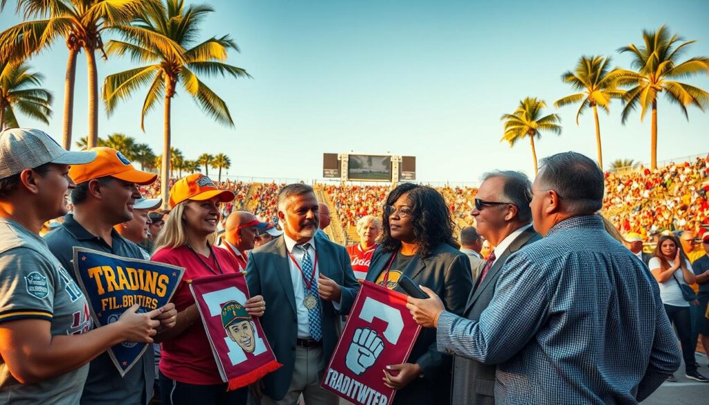 A vibrant scene depicting a local sports event in Southwest Florida, capturing candid interviews between fans and players. In the foreground, diverse fans in modest casual sports attire passionately discussing traditions, holding team banners and memorabilia. The middle ground features players in professional business attire, engaging earnestly with interviewers, showcasing a mix of emotions—pride, nostalgia, and excitement. The background includes a lively stadium filled with cheering spectators, surrounded by palm trees under a clear blue sky. The lighting is warm and golden, evoking a sense of community and celebration, shot from a low angle to emphasize engagement and connection among the participants, creating an inviting and energetic atmosphere.