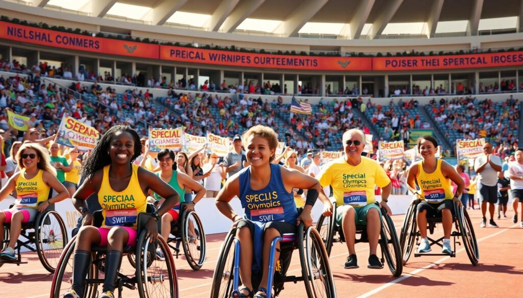 A vibrant scene of the Special Olympics SWFL Summer Games competition. In the foreground, athletes of diverse abilities are engaged in various sports, showcasing determination and joy; some are in wheelchairs, while others stand on the track, all wearing modest athletic clothing in bright colors. In the middle ground, excited spectators cheer passionately, holding colorful banners in support of the participants. The background features a sunlit stadium filled with festive decorations and motivational signage. The atmosphere is filled with energy and celebration, capturing the essence of courage and achievement. The lighting is bright and warm, emphasizing the summer setting. The image is shot from a low angle to highlight the athletes’ expressions and the lively spirit of the event, creating an uplifting mood.