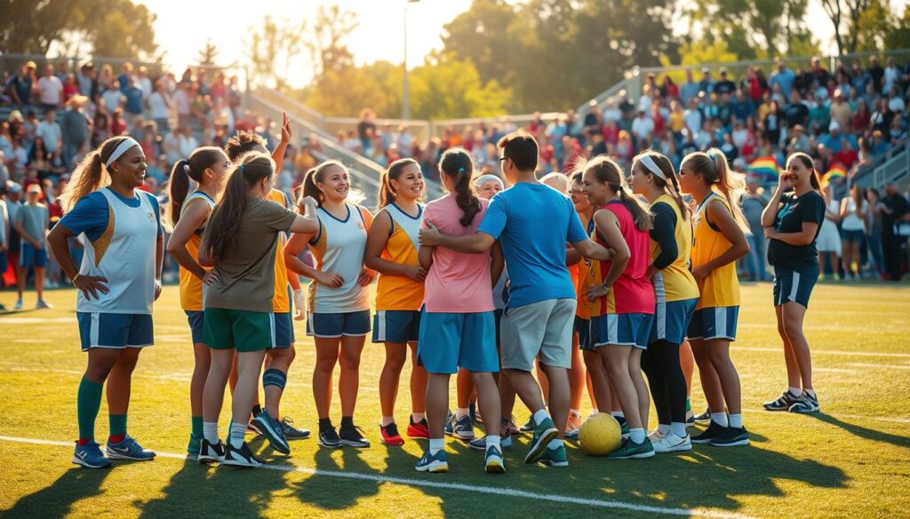 A vibrant scene showcasing a Unified Sports team collaborating in a spirited atmosphere. In the foreground, a diverse group of athletes in colorful team uniforms engage in a spirited huddle, smiling and celebrating. Each athlete is depicted in modest athletic wear, embodying camaraderie and teamwork. In the middle ground, a coach gestures enthusiastically, encouraging the athletes, while teammates cheer each other on, showcasing supportive interactions. The background features a well-maintained sports field under bright morning sunlight, with the excitement of an audience in soft focus, capturing a festive environment. Utilize a slightly elevated angle to encapsulate the energy of the team, with warm, bright lighting to create an uplifting mood, celebrating unity and achievement among athletes.