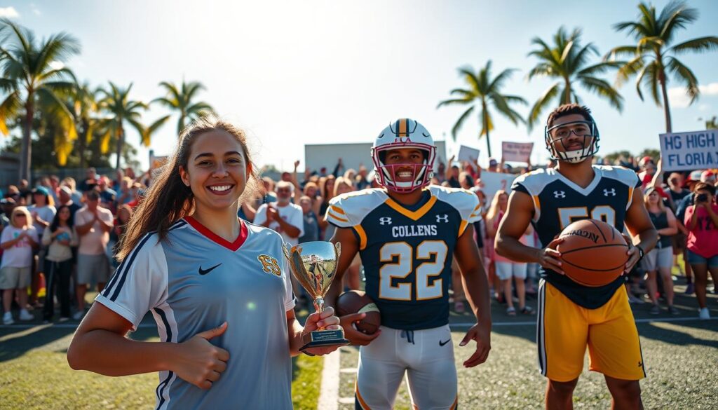 A vibrant scene showcasing a diverse group of high school athletes from Southwest Florida celebrating their recent achievements. In the foreground, a confident female soccer player in a college jersey smiles, holding a trophy, with two male athletes beside her: one in a football uniform giving a thumbs up and another in basketball gear holding a basketball. In the middle ground, an enthusiastic crowd of proud parents and friends cheer them on, waving homemade banners. The background features a sunlit high school stadium, with palm trees swaying in the gentle breeze. The mood is festive and uplifting, with bright blue skies and warm sunlight illuminating the scene, captured with a wide-angle lens to enhance the sense of community and celebration. A vibrant scene showcasing a diverse group of high school athletes from Southwest Florida celebrating their recent achievements. In the foreground, a confident female soccer player in a college jersey smiles, holding a trophy, with two male athletes beside her: one in a football uniform giving a thumbs up and another in basketball gear holding a basketball. In the middle ground, an enthusiastic crowd of proud parents and friends cheer them on, waving homemade banners. The background features a sunlit high school stadium, with palm trees swaying in the gentle breeze. The mood is festive and uplifting, with bright blue skies and warm sunlight illuminating the scene, captured with a wide-angle lens to enhance the sense of community and celebration.