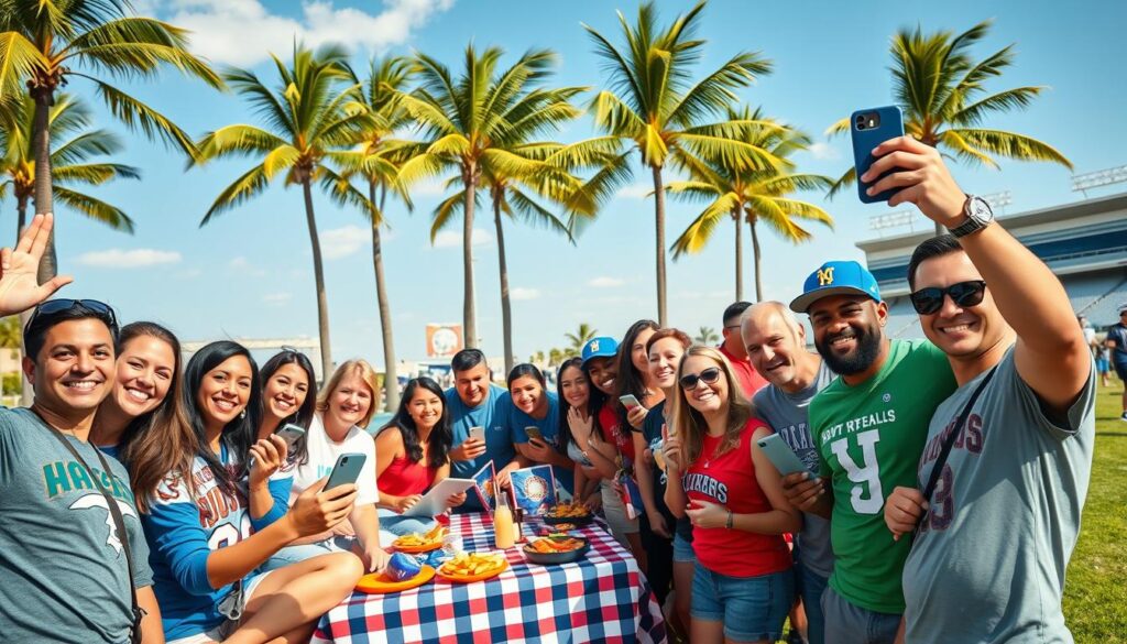 A vibrant social media fan community gathering in a bright, sunlit park, showcasing diverse fans wearing Southwest Florida sports team apparel. In the foreground, a group of people smiling and taking selfies, holding smartphones and tablets, enthusiastically engaging with each other and their devices. The middle ground features a colorful picnic setup with team banners and flags, surrounded by food and drinks, creating a festive atmosphere. In the background, tall palm trees gently swaying under a clear blue sky, with hints of a stadium visible, signifying the connection to local sports. The overall mood is joyful and energetic, capturing the essence of community spirit and modern fan engagement in a wholesome, positive light. The image is well-lit, emphasizing the friendly interactions and the excitement of being part of a sports fan community.