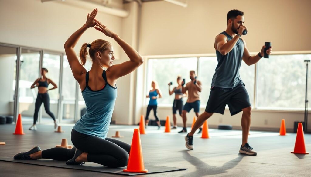 A vibrant training scene showcasing multi-sport athletes engaging in cross-discipline training. In the foreground, a female athlete is practicing yoga poses on a mat, while a male athlete in modest athletic wear is seen doing agility drills with cones. In the middle ground, a small group of diverse athletes is executing strength training exercises with free weights, highlighting their teamwork and camaraderie. The background features a bright sports facility with large windows letting in natural light, creating an energizing atmosphere. The angles are dynamic, capturing the intensity and focus of the athletes. The lighting is soft and warm, evoking a sense of motivation and determination, with vivid colors emphasizing the athletes’ skills and dedication.