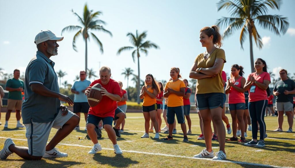 A warm, sunlit outdoor sports field in Southwest Florida, filled with a diverse group of local sports legends and coaches engaged in mentoring young athletes. In the foreground, a middle-aged Black coach kneels beside a teenage boy, offering guidance on proper technique for throwing a football, while wearing a polo shirt and cap. Beside them, a Hispanic female coach stands with her arms crossed, smiling encouragingly at a group of girls practicing volleyball. The middle ground features families cheering, fostering a sense of community. Background elements include palm trees swaying gently and a clear blue sky, giving a vibrant and uplifting atmosphere. Soft, natural lighting enhances the scene's warmth, capturing the spirit of mentorship and appreciation in youth sports.