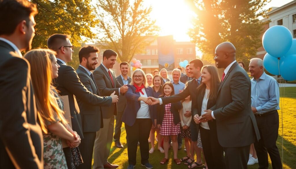 In a sunlit outdoor setting, capture a dynamic partnership ceremony between college athletes and local school representatives. In the foreground, a diverse group of college athletes, dressed in professional business attire, enthusiastically shakes hands with local school principals, who wear modest, smart casual clothing. In the middle ground, cheerful students from the schools hold banners representing their institutions, while balloons and decorations create a festive atmosphere. The background features a well-kept college campus with trees and school buildings, bathed in warm, golden daylight. Use a slight upward angle to emphasize the participants and create a sense of excitement. The mood is uplifting, showcasing community spirit and collaboration, with bright colors enhancing the positive vibe of the event.