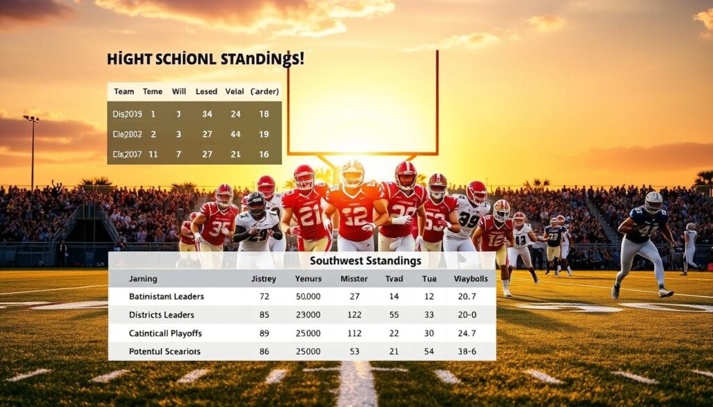 A detailed and vibrant sports analysis scene showcasing the Southwest Florida high school football standings. In the foreground, a clear and organized graphical representation of team standings with distinct colors for each district leader, highlighted by a visual leaderboard displaying win-loss records and potential playoff scenarios. In the middle ground, a dynamic collage of high school football players in action, depicted in spirited athletic gear, capturing the energy of the game. The background features a stylized football field with goal posts and a cheering crowd under a warm, golden sunset, casting an inviting glow on the scene. The overall mood is competitive yet celebratory, invoking the excitement and camaraderie of high school football culture in Florida. Soft lighting enhances the vibrancy of the colors, creating an engaging visual snapshot.
