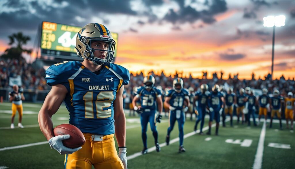 A dynamic high school football player stands in the spotlight on a vibrant field during a game, wearing a sleek, modern football uniform in blue and gold. His helmet is slightly tilted back, showcasing a determined expression. He holds a football tightly in his right hand, muscles flexed, ready for action. In the foreground, a blurred action shot of cheering teammates can be seen, emphasizing the team's unity and spirit. The middle ground features an illuminated scoreboard displaying the current score, accentuating the competitive atmosphere. The background showcases a lively crowd, with parents and fans waving banners, under the glow of stadium lights. The overall mood is energetic and uplifting, capturing the excitement of high school football in Southwest Florida during the evening. The image is well-lit, simulating a vivid sunset, enhancing the players' determination and passion for the game.