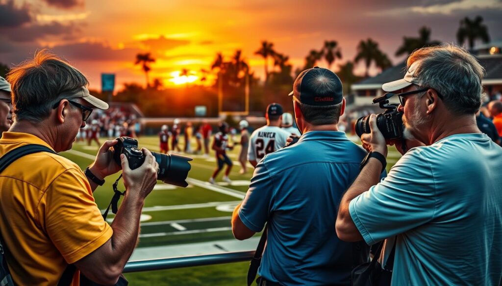 A dynamic scene capturing a diverse team of photographers on the sidelines of a vibrant sporting event in Southwest Florida. In the foreground, three photographers—two men and a woman—are intensely focused on their cameras, wearing professional attire, while adjusting their lenses to capture the action. The middle ground features players engaged in a heated moment of competition, showcasing a local sport, surrounded by spectators in the stands. The background features a striking Florida sunset, casting warm tones across the sky, with palm trees silhouetted against the light. The overall lighting is dramatic yet warm, highlighting the passion and intensity of the sport. The atmosphere is electric, showcasing the excitement and dedication of both the athletes and the photographers.