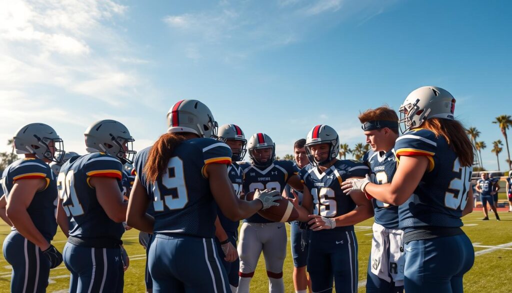 A dynamic scene capturing a team bonding during tournament play, set outdoors at a sports field in Southwest Florida. In the foreground, diverse athletes in professional sports uniforms engage in a spirited huddle, displaying expressions of camaraderie and teamwork. In the middle ground, a group of teammates participates in fun team-building activities, such as tossing a football or strategizing together, highlighting collaboration and communication. The background features a vibrant blue sky and distant palm trees, enhancing the sunny atmosphere. Soft, natural lighting illuminates the scene, creating a warm and inviting mood. The angle is slightly elevated to capture the interactions among the team, evoking a sense of unity and support among the competitors.