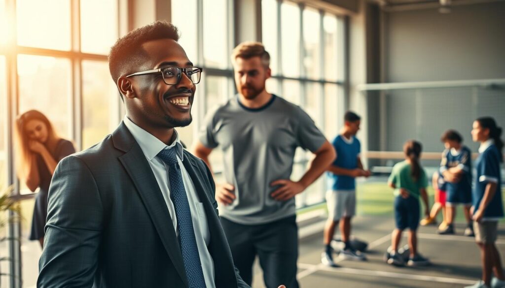 A dynamic scene depicting former athletes transitioning to new careers. In the foreground, a confident athlete in professional business attire is animatedly engaged in a discussion with colleagues, symbolizing a shift to a corporate environment. In the middle ground, a coach wearing casual attire oversees an intense practice session with young athletes, showcasing the mentorship role. In the background, a community service scene unfolds, where a retired athlete collaborates with local children in a sports clinic, symbolizing their commitment to giving back. The lighting is warm and inviting, with soft sunlight filtering through large windows, creating an uplifting atmosphere. The composition is shot from a slightly elevated angle, providing a comprehensive view of each transition scene, emphasizing growth and inspiration. A dynamic scene depicting former athletes transitioning to new careers. In the foreground, a confident athlete in professional business attire is animatedly engaged in a discussion with colleagues, symbolizing a shift to a corporate environment. In the middle ground, a coach wearing casual attire oversees an intense practice session with young athletes, showcasing the mentorship role. In the background, a community service scene unfolds, where a retired athlete collaborates with local children in a sports clinic, symbolizing their commitment to giving back. The lighting is warm and inviting, with soft sunlight filtering through large windows, creating an uplifting atmosphere. The composition is shot from a slightly elevated angle, providing a comprehensive view of each transition scene, emphasizing growth and inspiration.