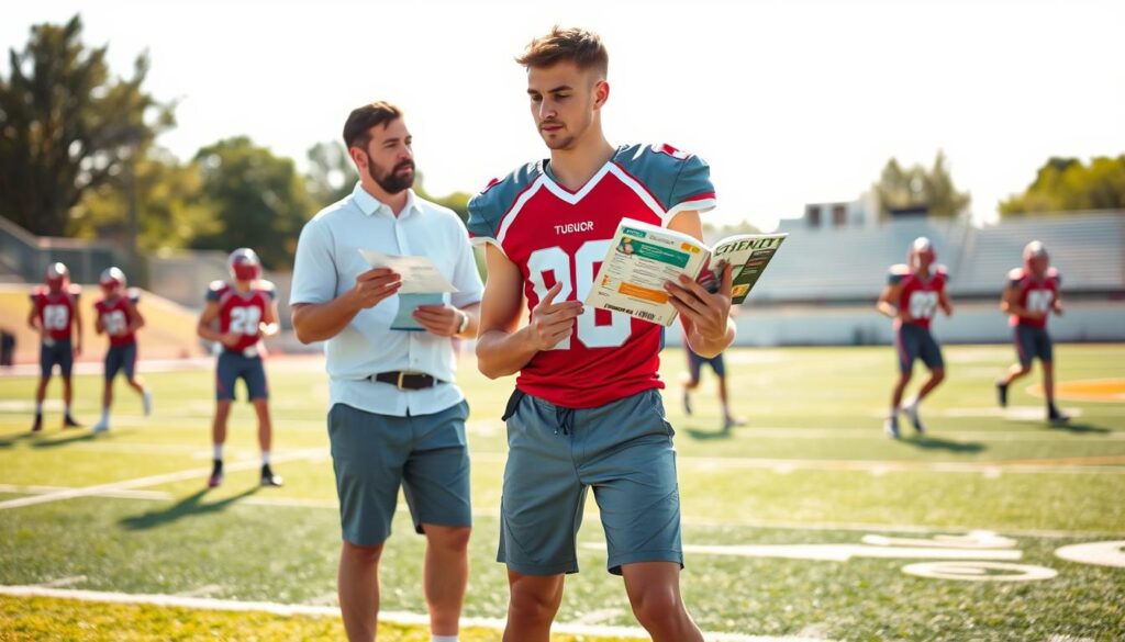 A dynamic scene featuring a college recruiter discussing opportunities with a talented high school athlete on a vibrant football field. In the foreground, the athlete is dressed in a well-fitted athletic jersey and casual shorts, showcasing determination and focus. The recruiter, a middle-aged individual in professional attire, gestures enthusiastically while reviewing a college brochure. In the middle ground, energetic teammates practice drills, creating an atmosphere of camaraderie and competition. The background reveals a bright sky, with the sun illuminating the field and providing warm, natural lighting. The composition captures a sense of anticipation and hope for the athlete’s future, portraying a pivotal moment in their journey towards college recruiting. A dynamic scene featuring a college recruiter discussing opportunities with a talented high school athlete on a vibrant football field. In the foreground, the athlete is dressed in a well-fitted athletic jersey and casual shorts, showcasing determination and focus. The recruiter, a middle-aged individual in professional attire, gestures enthusiastically while reviewing a college brochure. In the middle ground, energetic teammates practice drills, creating an atmosphere of camaraderie and competition. The background reveals a bright sky, with the sun illuminating the field and providing warm, natural lighting. The composition captures a sense of anticipation and hope for the athlete’s future, portraying a pivotal moment in their journey towards college recruiting.