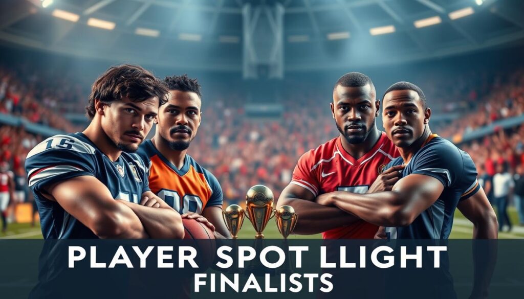 A dynamic scene showcasing a group of five exceptional athletes positioned in a semi-circle, each in professional sports attire, representing diverse sports such as football, basketball, and soccer. The foreground features detailed close-ups of their determined expressions, illuminated by soft, dramatic lighting that highlights their athletic prowess. In the middle ground, include subtle elements like sports equipment and trophies that convey their achievements and competition spirit. The background blurred suggests a cheering crowd in a stadium, enhancing the atmosphere of celebration and recognition. The composition captures the essence of competition and honor, with a warm color palette suggesting excitement and motivation, illustrating the spirit of the Player Spotlight Finalists. A dynamic scene showcasing a group of five exceptional athletes positioned in a semi-circle, each in professional sports attire, representing diverse sports such as football, basketball, and soccer. The foreground features detailed close-ups of their determined expressions, illuminated by soft, dramatic lighting that highlights their athletic prowess. In the middle ground, include subtle elements like sports equipment and trophies that convey their achievements and competition spirit. The background blurred suggests a cheering crowd in a stadium, enhancing the atmosphere of celebration and recognition. The composition captures the essence of competition and honor, with a warm color palette suggesting excitement and motivation, illustrating the spirit of the Player Spotlight Finalists.