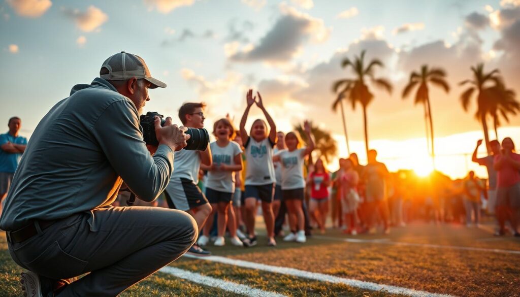 A dynamic sports photography scene capturing the energy of a local community event in Southwest Florida. In the foreground, a passionate photographer, dressed in smart casual attire, kneels to capture a moment of youth athletes celebrating a victory, their faces filled with joy. The middle ground features a vibrant crowd of families and friends cheering enthusiastically, adorned in colorful team shirts, showcasing a sense of unity and pride. In the background, the sun sets behind a local sports field, casting warm golden light that enhances the festive atmosphere. Use a wide-angle lens to emphasize the connection between the participants and the spectators while maintaining a shallow depth of field for an intimate feel. Aim for a vibrant, uplifting mood that conveys the spirit of community through sports.