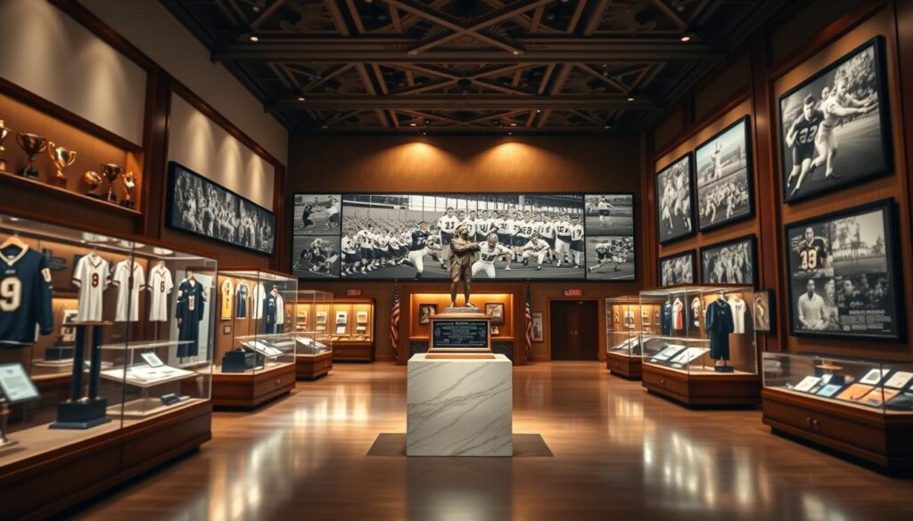 A grand hall of fame interior showcasing an elegant display of sports memorabilia celebrating legendary teams from Southwest Florida. In the foreground, polished wooden display cases filled with trophies, jerseys, and photographs of famous athletes. In the middle ground, a marble pedestal holding a bronze statue symbolizing excellence in sports. The walls adorned with large framed photos of historic teams in action, capturing the essence of their victories. Soft, warm lighting highlights the artifacts, creating an inviting, reverent atmosphere. The background features high ceilings with intricate designs and rich, dark wood paneling, enhancing the hall's prestigious ambiance. The scene should invoke a sense of nostalgia and honor, with a slight focus blur to emphasize the memorabilia.