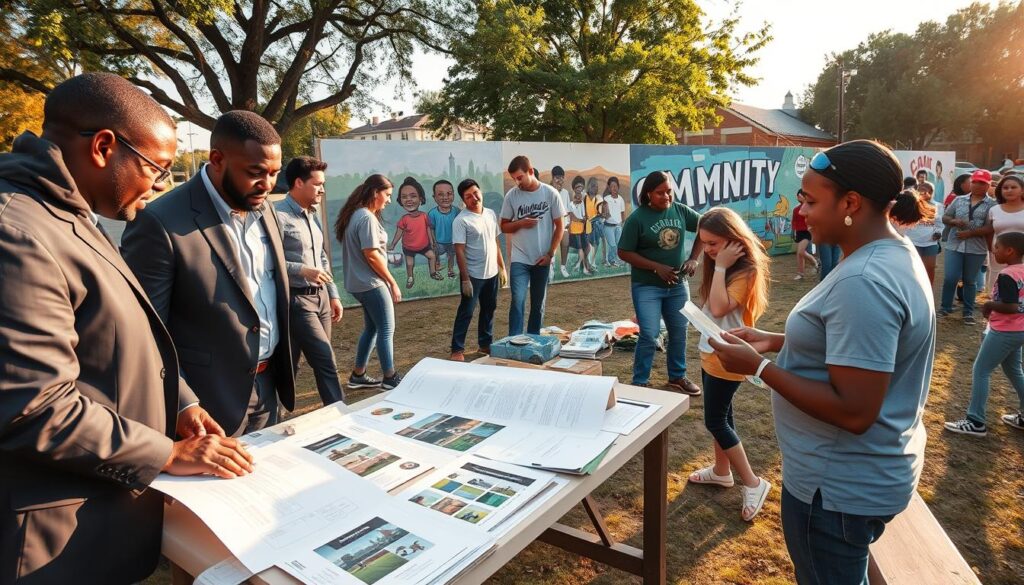 A group of diverse former athletes engaged in community service, set in a vibrant city park. In the foreground, two individuals in professional business attire are discussing plans over a table filled with blueprints and community flyers. The middle ground features several volunteers actively painting a community mural—one depicts a local sports scene, while another showcases unity and teamwork. In the background, families are enjoying a community event, with kids playing and laughter filling the air. The scene is bathed in warm, golden hour lighting, casting long shadows and creating an inviting atmosphere. The wide-angle lens captures the essence of camaraderie and purpose, reflecting inspiring comeback stories of local athletes making a difference after their sports careers. A group of diverse former athletes engaged in community service, set in a vibrant city park. In the foreground, two individuals in professional business attire are discussing plans over a table filled with blueprints and community flyers. The middle ground features several volunteers actively painting a community mural—one depicts a local sports scene, while another showcases unity and teamwork. In the background, families are enjoying a community event, with kids playing and laughter filling the air. The scene is bathed in warm, golden hour lighting, casting long shadows and creating an inviting atmosphere. The wide-angle lens captures the essence of camaraderie and purpose, reflecting inspiring comeback stories of local athletes making a difference after their sports careers.